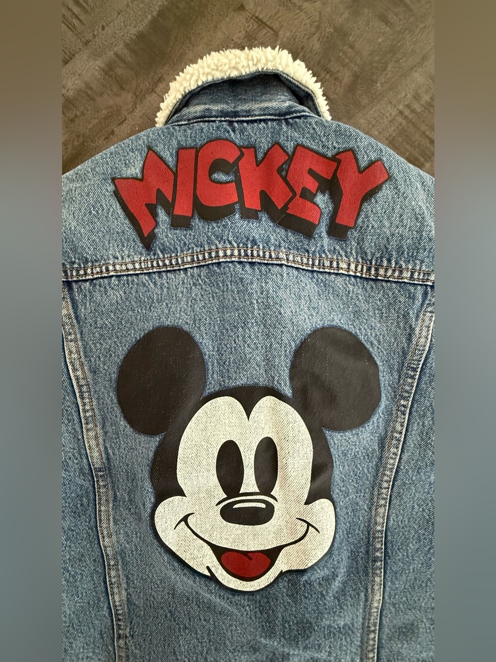Sherpa-Lined Denim Jacket with Red 'Mickey' Graphic - Blue